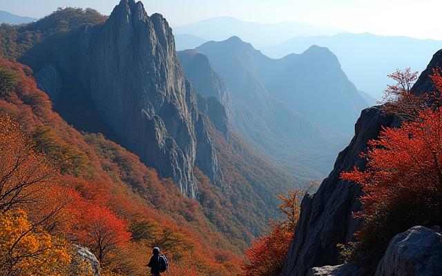 가을 단풍이 절정인 설악산 국립공원의 웅장한 봉우리들